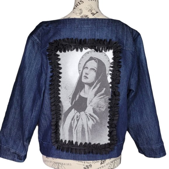 Hand Crafted Jackets & Blazers - Religious Saint Mary Denim Jacket Refashioned Hand Crafted